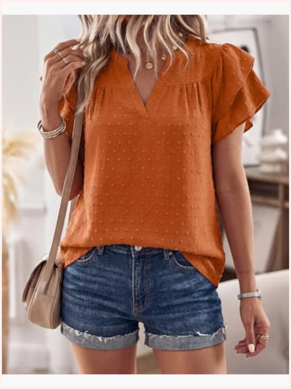 Womens Ruffle Sleeve V Neck Swiss Dot Blouse Summer Short Sleeve Top - Picture 2 of 5